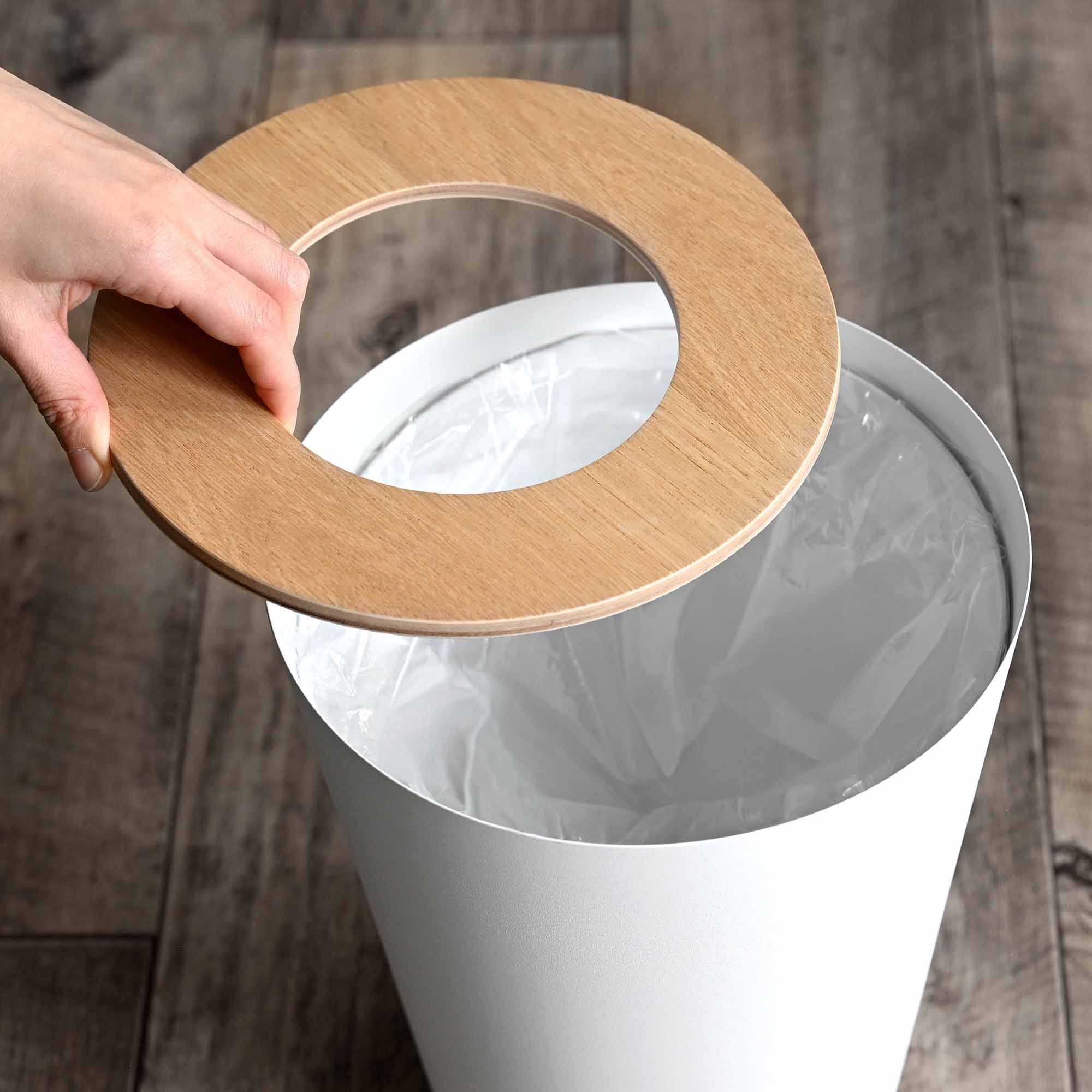 Trash Can - Round - Steel + Wood - Image 5