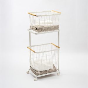 Rolling Laundry Cart + Wire Baskets (38 H)  - Steel + Wood