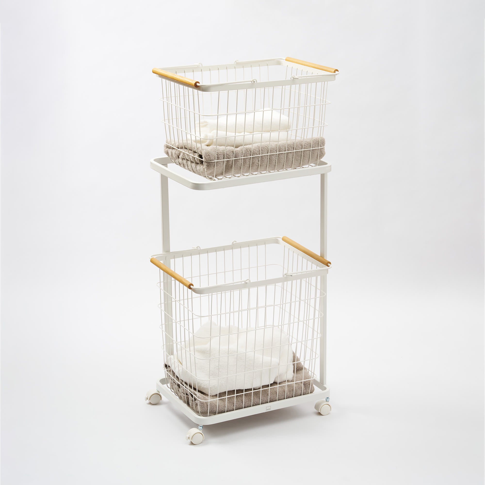 Rolling Laundry Cart + Wire Baskets (38 H) - Steel + Wood