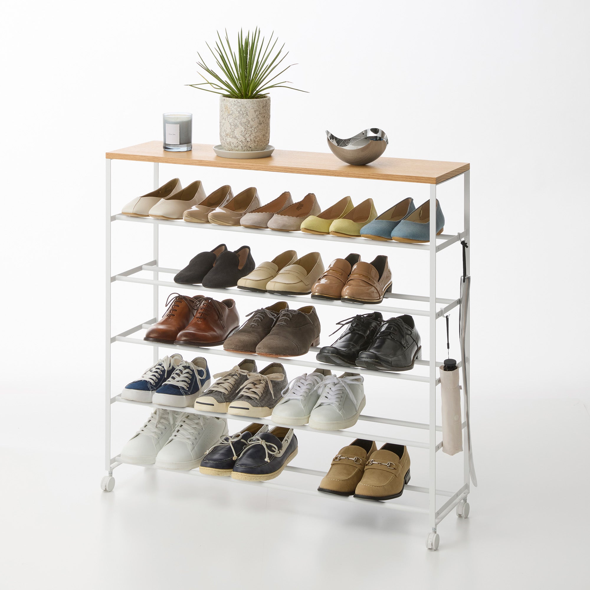 Rolling Five-Tier Shoe Rack (34.25 H) - Steel + Wood