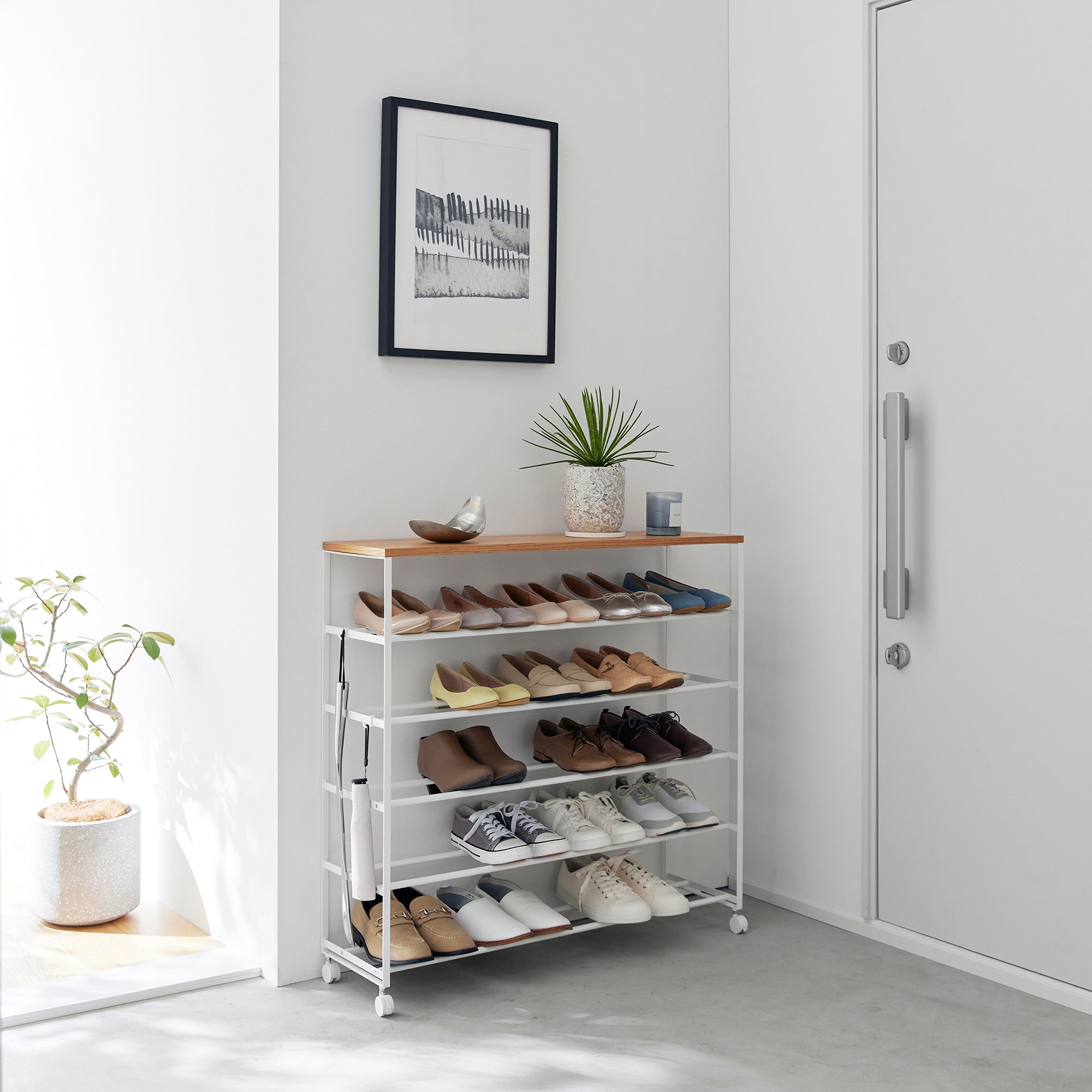 Rolling Five-Tier Shoe Rack (34.25 H) - Steel + Wood - Image 5