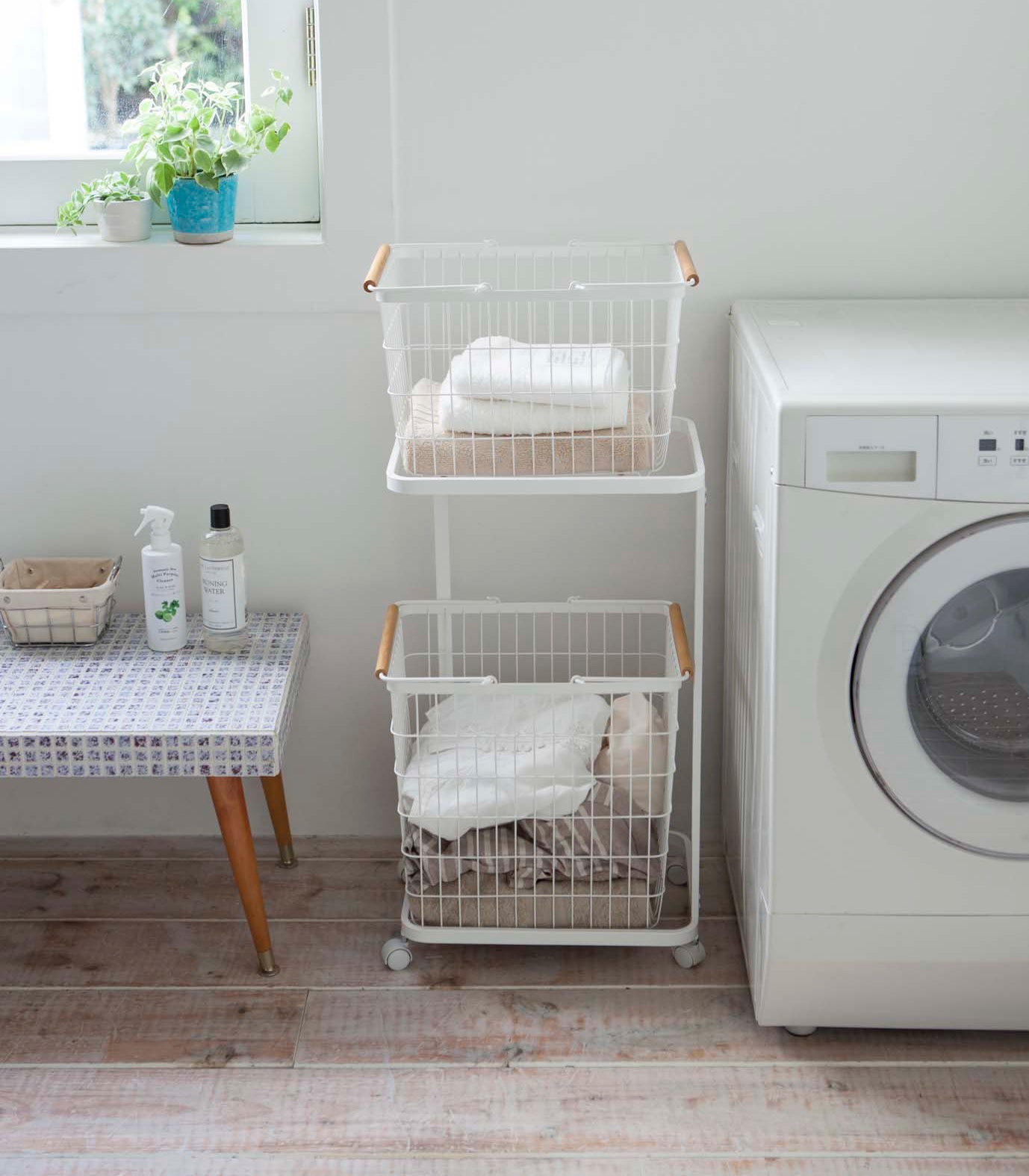 Rolling Laundry Cart + Wire Baskets (38 H) - Steel + Wood - Image 4