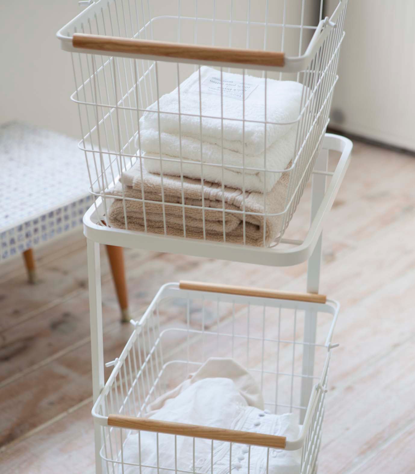 Rolling Laundry Cart + Wire Baskets (38 H) - Steel + Wood - Image 6