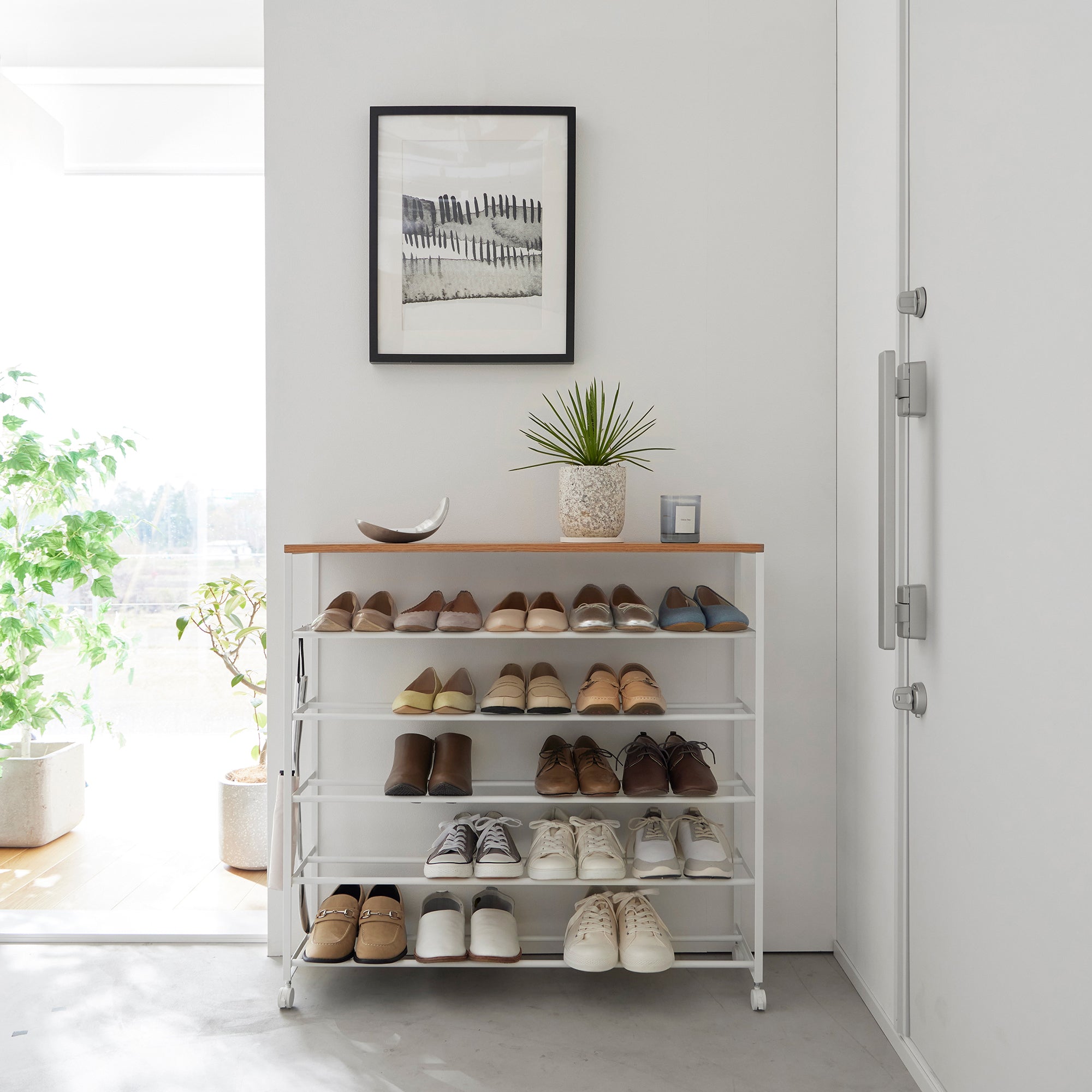 Rolling Five-Tier Shoe Rack (34.25 H) - Steel + Wood - Image 3