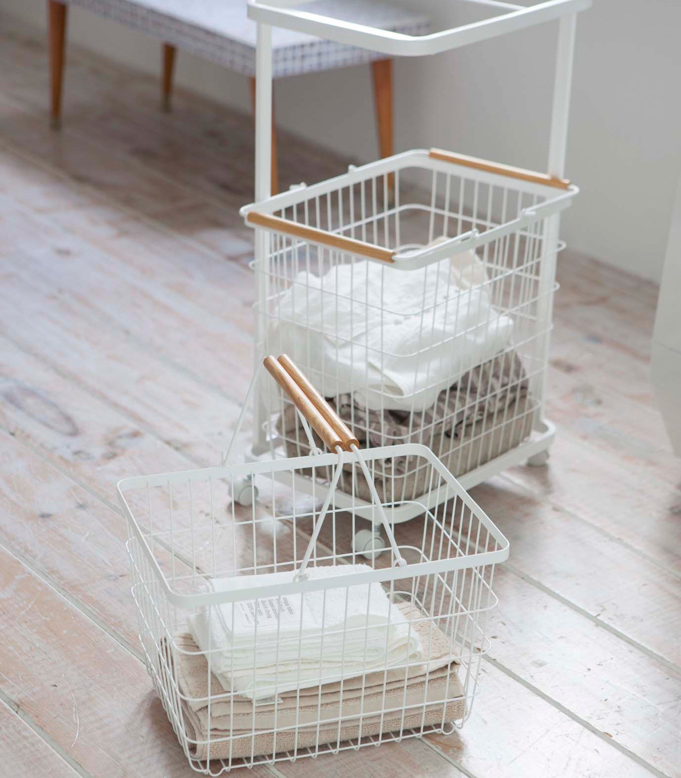 Rolling Laundry Cart + Wire Baskets (38 H) - Steel + Wood - Image 7