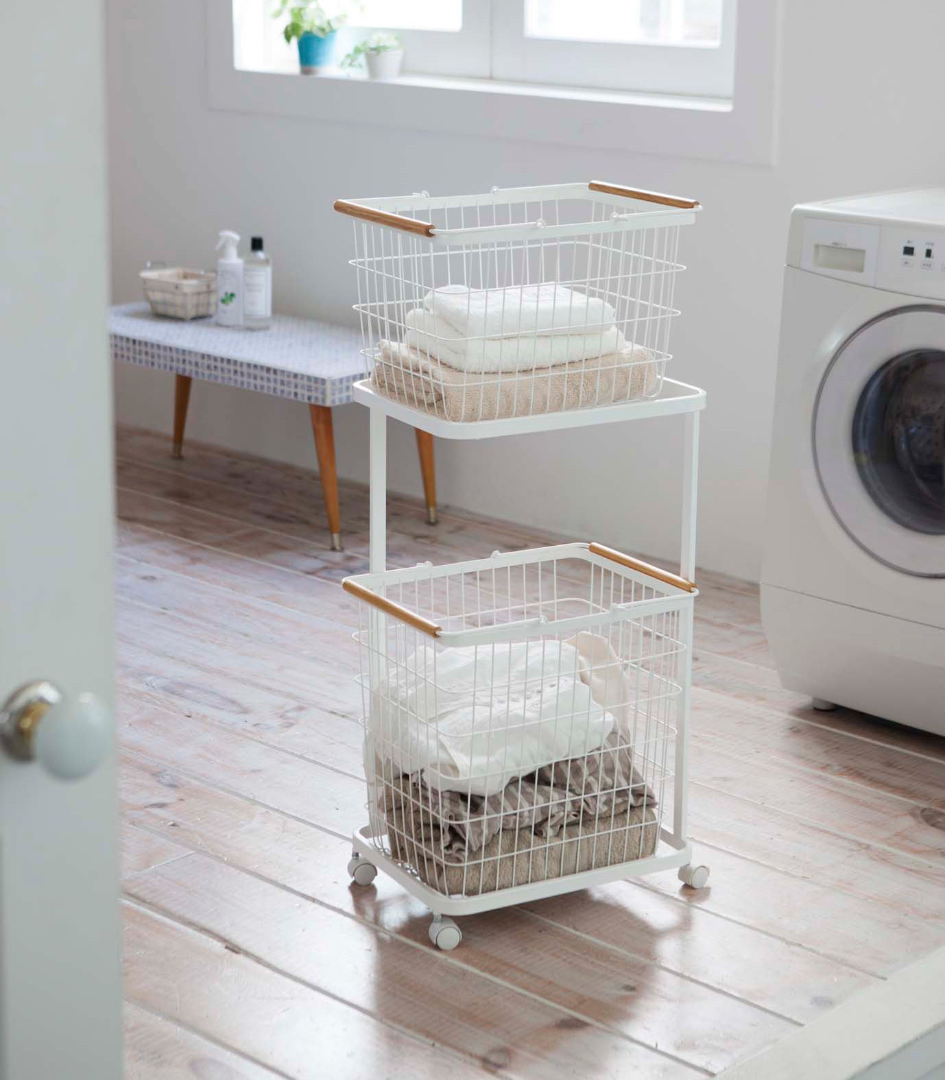 Rolling Laundry Cart + Wire Baskets (38 H) - Steel + Wood - Image 2