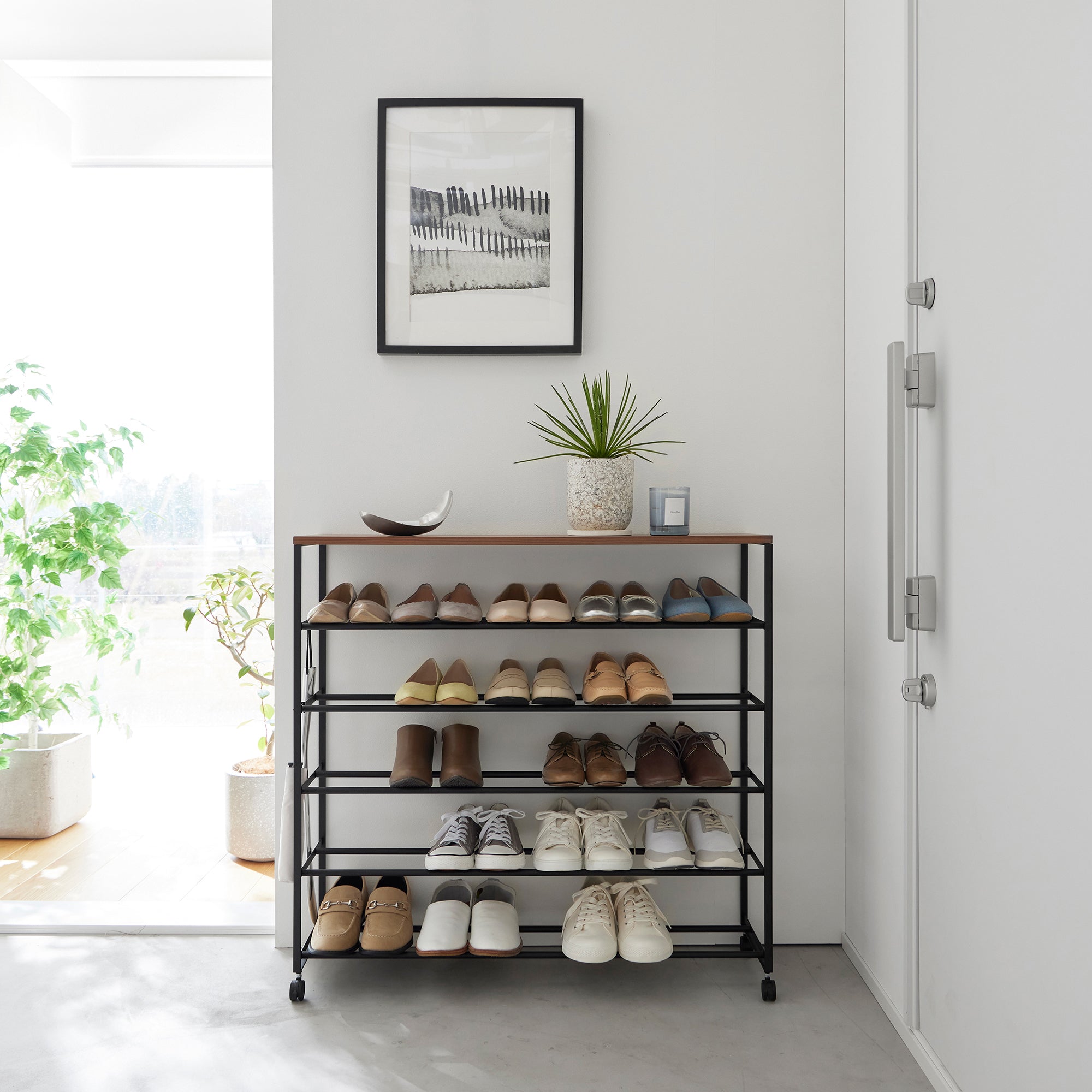 Rolling Five-Tier Shoe Rack (34.25 H) - Steel + Wood - Image 11