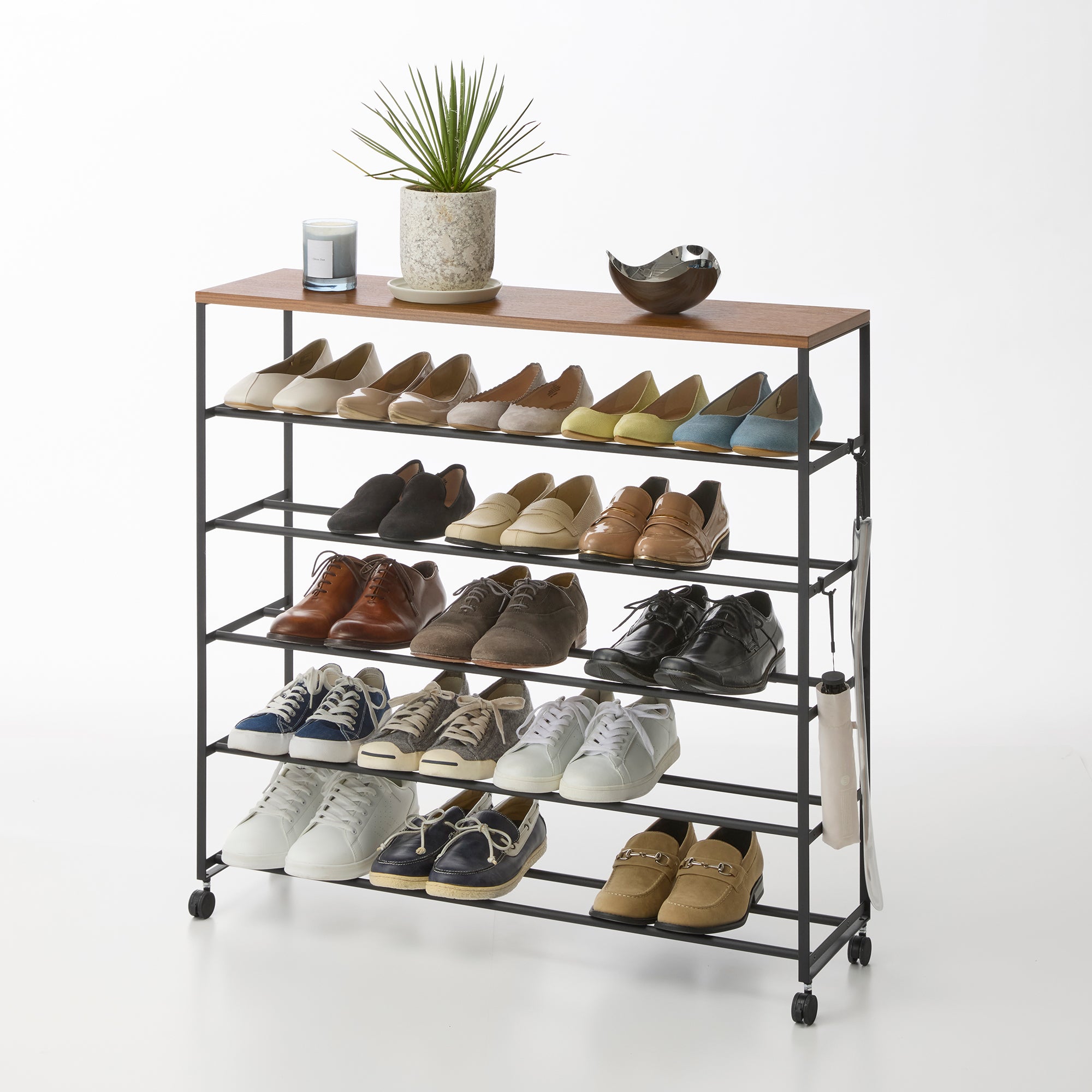 Rolling Five-Tier Shoe Rack (34.25 H) - Steel + Wood - Image 9