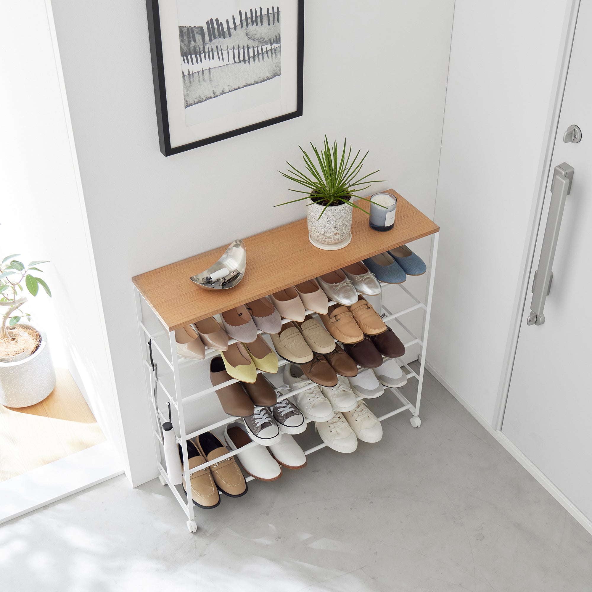 Rolling Five-Tier Shoe Rack (34.25 H) - Steel + Wood - Image 2