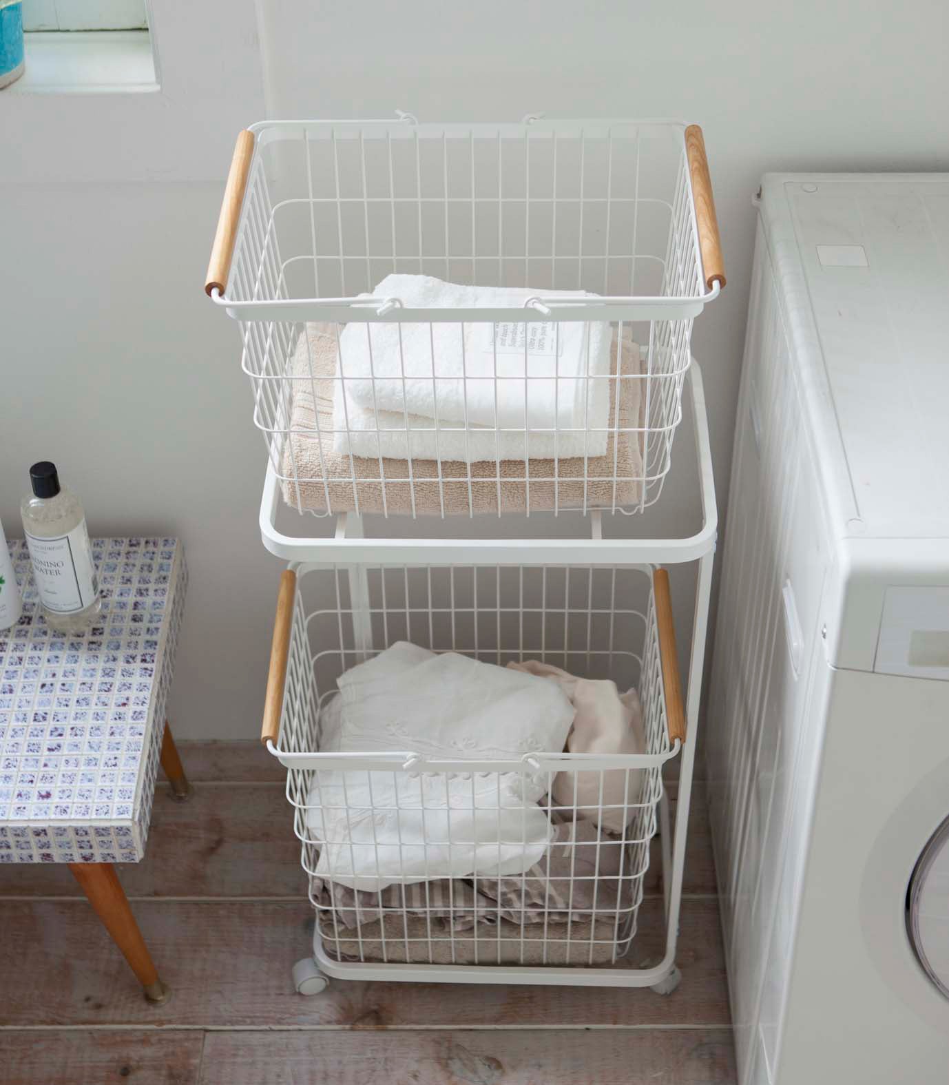 Rolling Laundry Cart + Wire Baskets (38 H) - Steel + Wood - Image 5